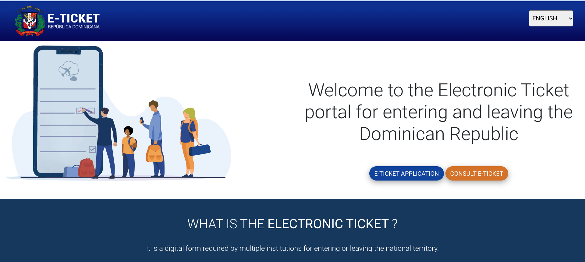 Screenshot of the Dominican Republic Immigration website. The image shows the Online portal to apply for and Electronic Ticket, the Visa that is required to enter the county.