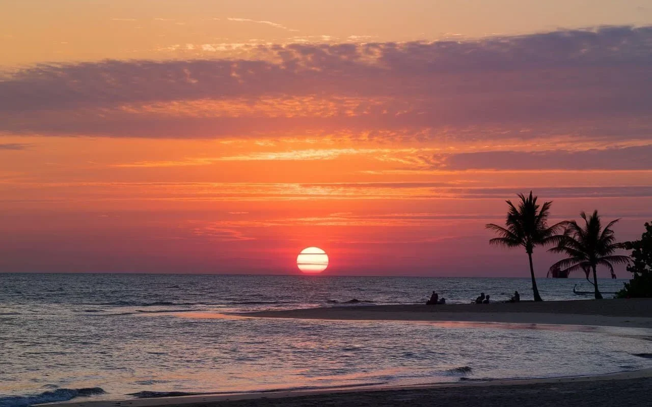 Golden sunset over the ocean with palm silhouettes near Juanillo Beach