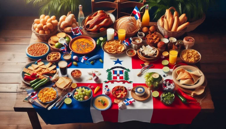 A vibrant display of traditional Dominican dishes including empanadas, mangú, and sancocho.