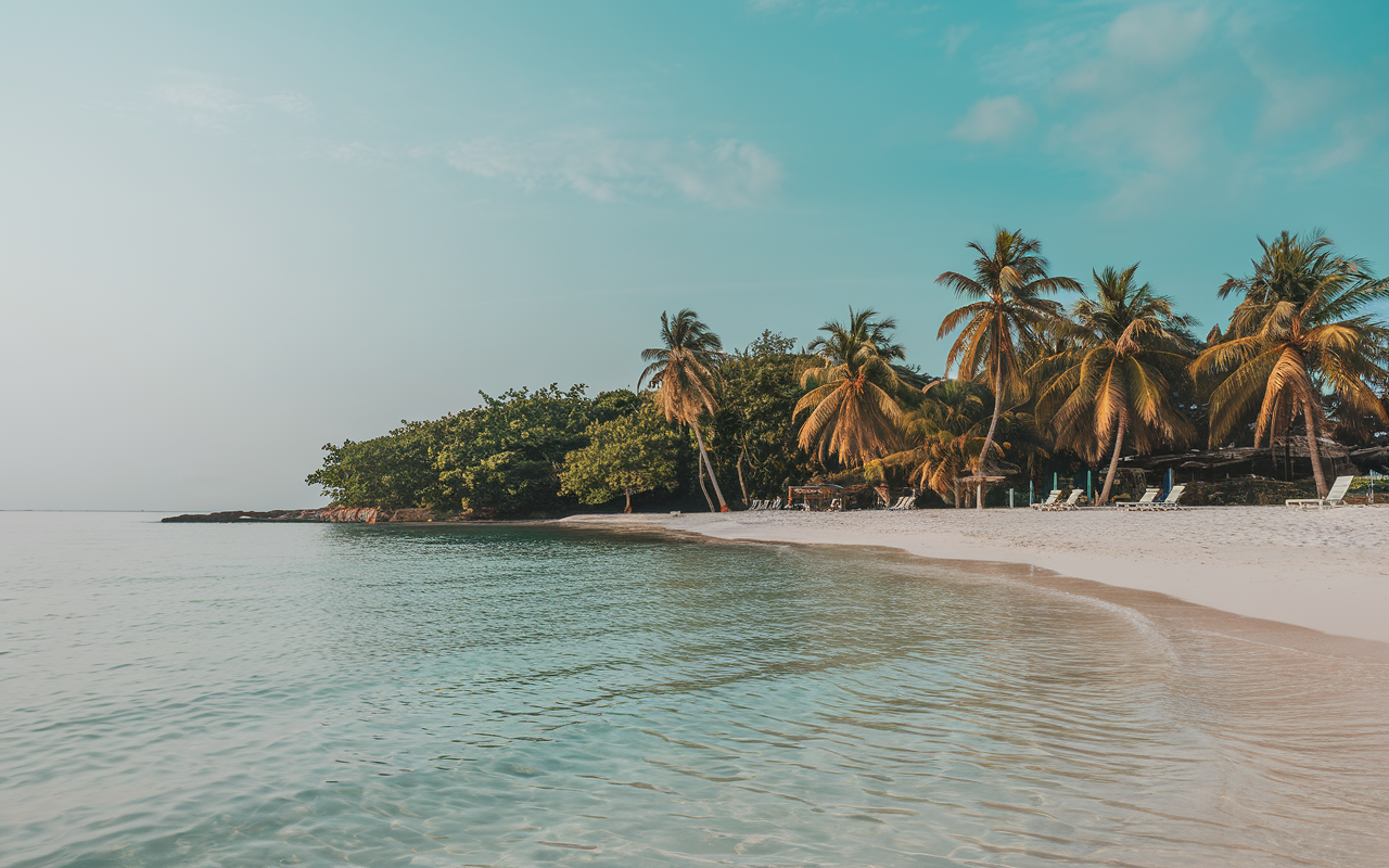 Tropical beach with palm trees, white sand, and clear blue water. A resort and beachfront hotels line the coast