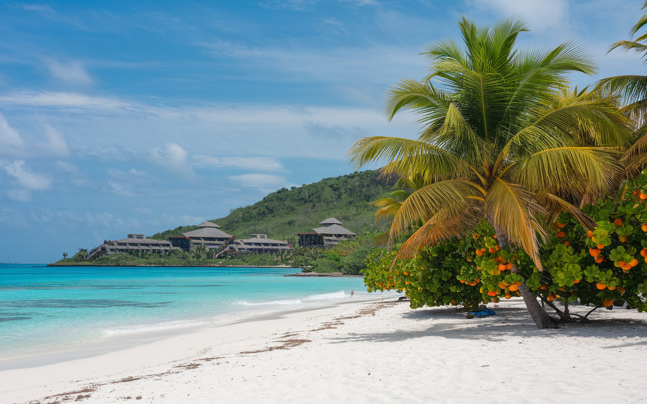 Aerial view of turquoise waters and white sandy beaches, with palm trees and luxury resorts lining the coast. Clear blue skies and lush greenery