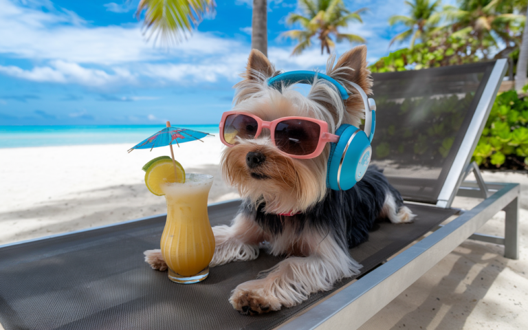 A Yorkie dog chilling on the beach, wearing cool sunglasses.