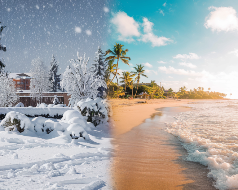 The Snow vs. the Beach. a house cover in snow in a split view with a beautiful sunny beach scene in Punta Cana, Dominican Republic.