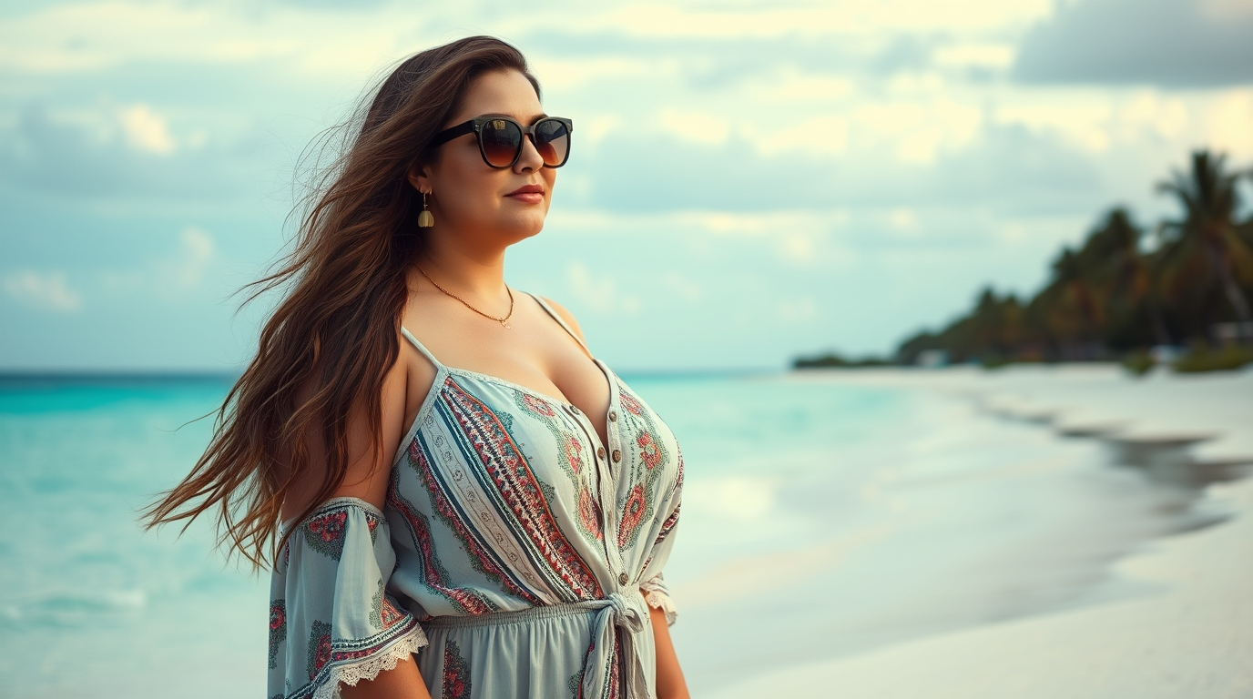 A cinematic photo of a plus-sized woman wearing a boho wide leg jumpsuit on the beach in Punta Cana. The woman has long brown hair and is wearing a pair of sunglasses. She is standing on the sand near the water. The background reveals the clear blue water, white sand, and palm trees. The sky is clear with a few clouds.