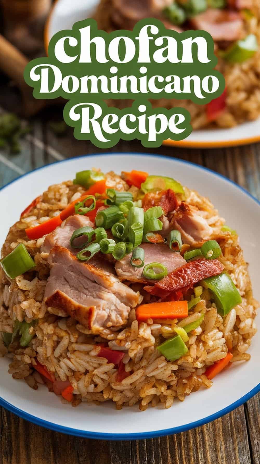 A vibrant plate of Chofan Dominicano featuring colorful fried rice mixed with tender chicken, pork, and shrimp, garnished with green onions and served with a slice of lime on the side. The Dominican-style Chinese fried rice showcases visible vegetables including red bell peppers, peas, and carrots.